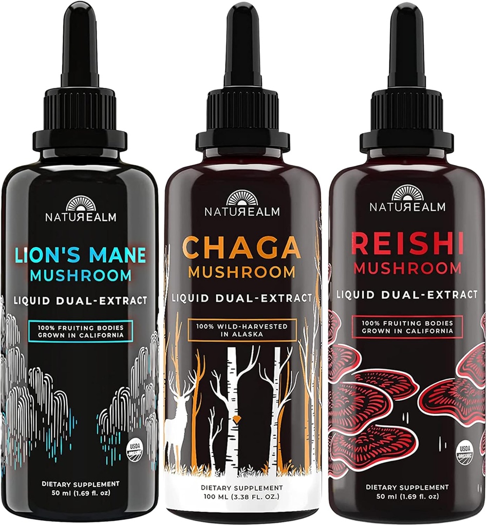 Naturealm Lion’s Mane, Reishi, & Chaga Mushroom Extract - Adaptogen Stack for Focus, Immunity, Longevity, Gut Health, Anti-Aging, Energy, Healing, & More - Organic Liquid Drops - 50 mL Each (3 Pack)