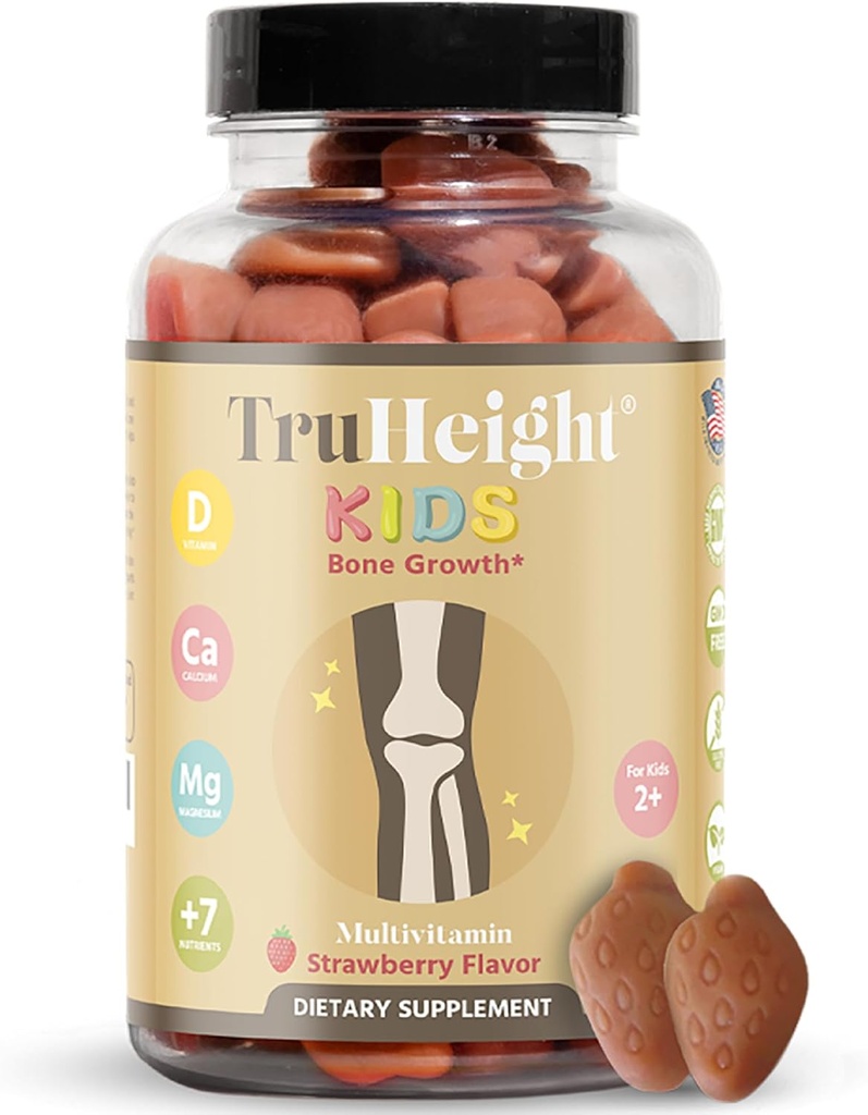 TruHeight Kids Bone Growth Gummies (Strawberry, Ages 2+) All Natural Kids & Toddler Vitamins - Vitamina D, Calcio, K, Magnesium Multivitamin, Growth & Development, Builds Strong Bones, D3 K2, Vegan