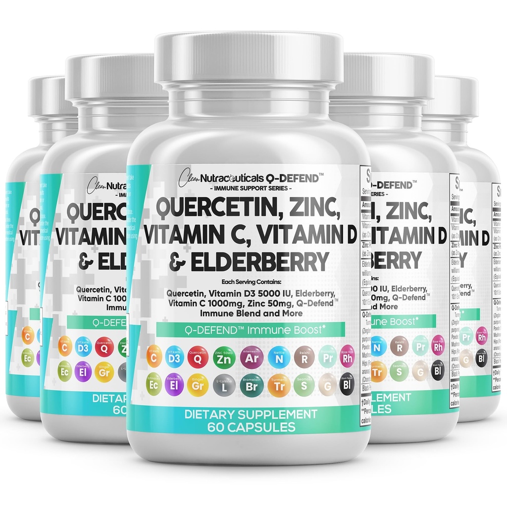 Clean Nutraceuticals Quercetin Zinc Vitamin C Vitamin D Bromelain Elderberry - Lung Immune Support Supplement Adults with Artemisinin, Sea Moss, Echinacea, Allergy Relief (60 Count (Pack of 5))