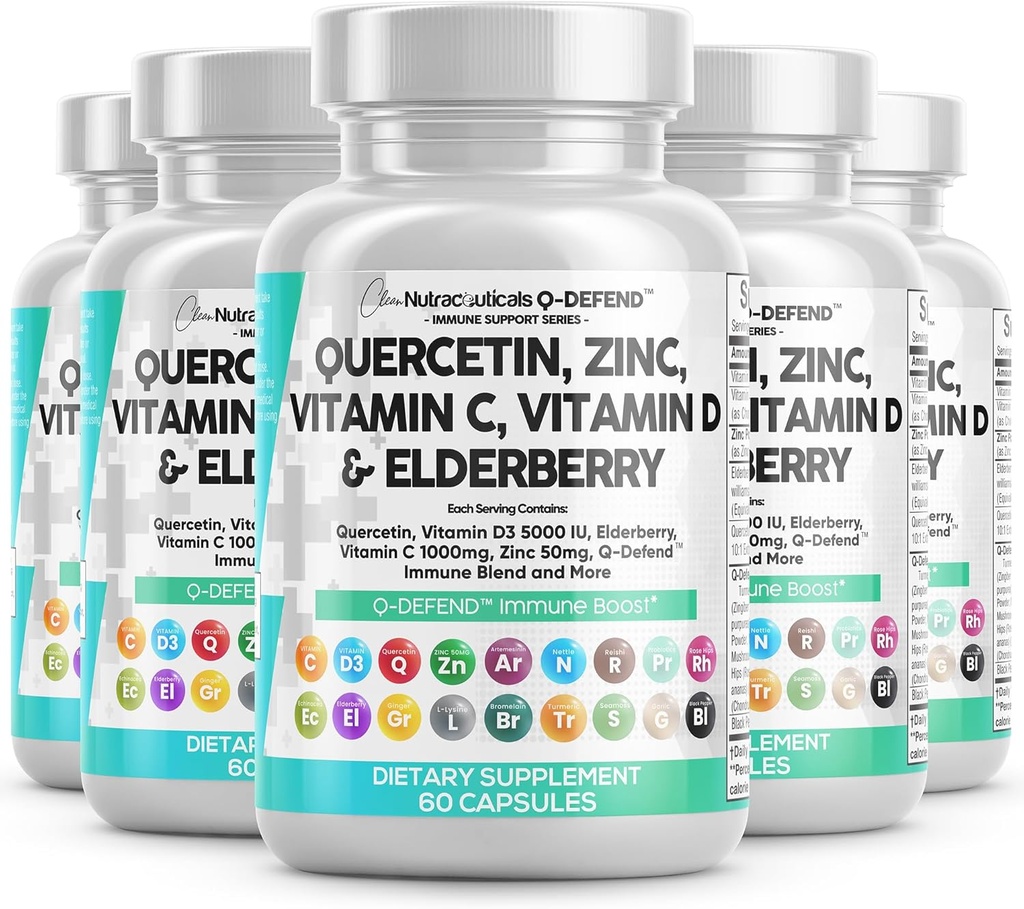 Nutracéuticos limpios Quercetina Zinc Vitamina C Bromelain Elderberry - Lung Immune Support Suplemento Adultos con Artemisinina, Moss de Mar, Echinacea, Alivio de Alergía (60 Cuenta (Pack de 5))