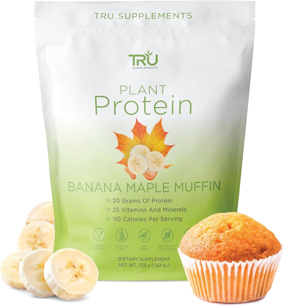 TRU Suplementos Pólvora de proteínas de base vegetal, BCAA, EAA, 20g Arroz de marrón vegano &amp; Pea Proteína, 100 Calories, 27 Vitaminas, Sin sabores artificiales 25 Actuaciones (Banana Maple Muffin)