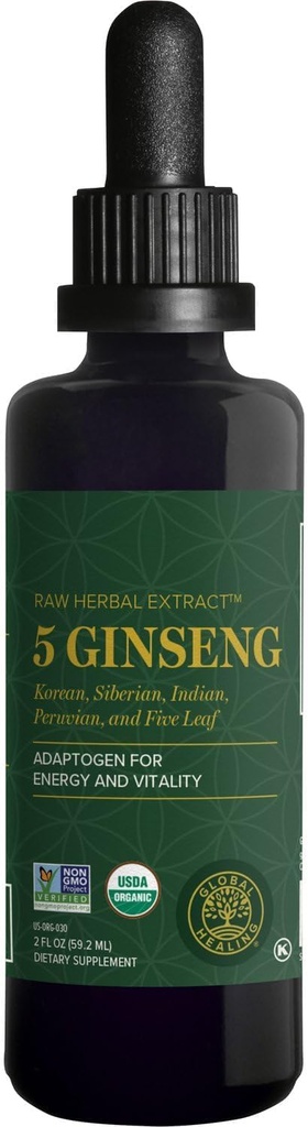 Global Healing Center - Ginseng - Extracto Hierba Prima Ecológico - Liquid Panax Supplement Drop Promotes Energy - Korean and Siberian Ginseng Supplement, Maca, Ashwagandha - Non-GMO - 2 Fl Oz