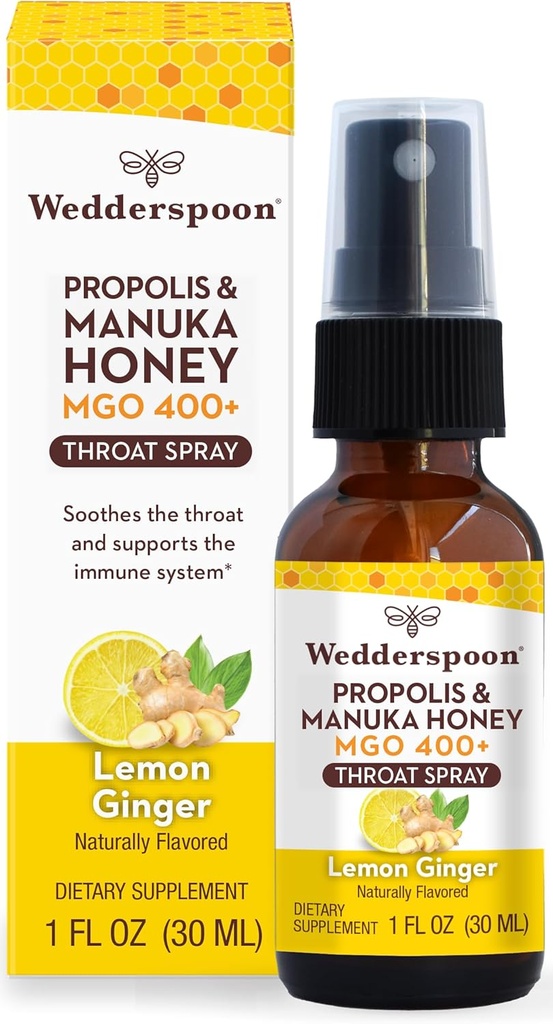 Wedderspoon Propolis and Manuka Honey Throat Spray, Lemon &amp; Ginger, 1 Fl Oz (Pack of 1), Sore Throat Relief, Natural Immune Support