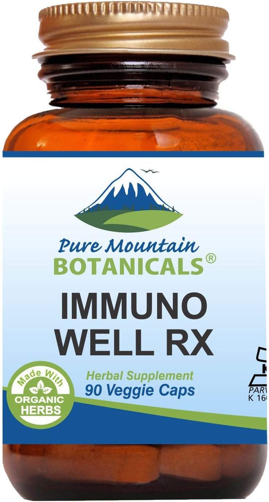 Pure Mountain Botanicals Immuno Well RX - Kosher Caps with Organic Astragalus Echinacea Garlic Maitake Shiitake Mushroom Honeysuckle &amp; Beta Glucan