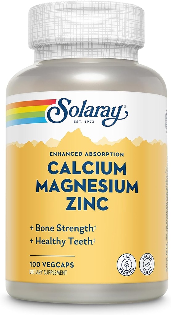 SOLARAY Calcio Magnesio Zinc Suplemento - con Calcio 1000mg, Magnesio 500mg - Hueso Salud, Función Musculo, Salud del Corazón y Soporte Inmunitario - Vegan, 60 Días Garantía, 25 Servimientos, 100 VegCaps