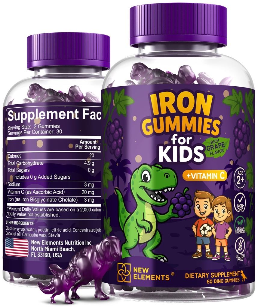 Dinosaurio de Hierro Gummies para Niños con Vitamina C ← Libre de Azúcar, Vegan, Libre de Gluten &amp; No-GMO Silencioso Anemia Alivio, Energía &amp; Sangre Health Support ← Grape Flavor, Pectin-Based for Optimal Health