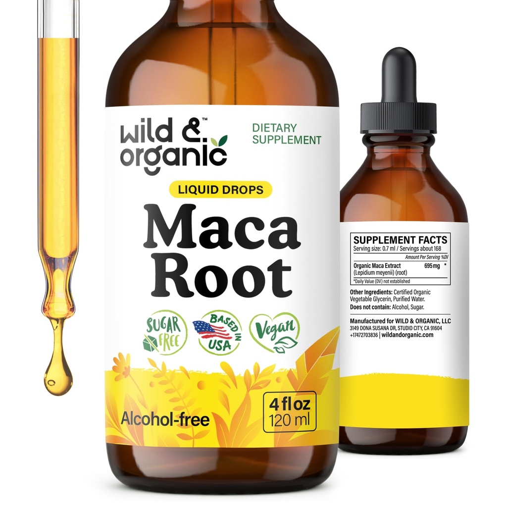 Wild &amp; Organic Maca Root Liquid Drops for Men &amp; Women - Peruana Maca Tincture for General Support - Vegan, Sugar &amp; Alcohol-Free Supplement - 4 fl oz