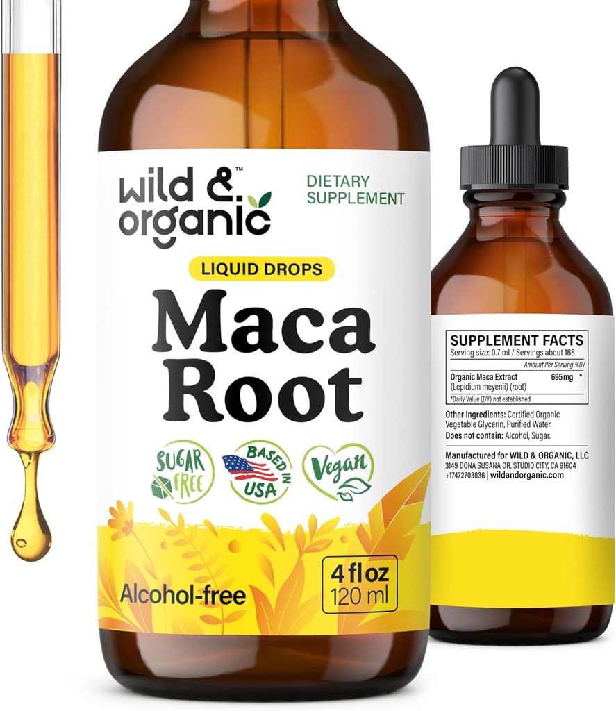 Wild &amp; Organic Maca Root Liquid Drops for Men &amp; Women - Peruana Maca Tincture for General Support - Vegan, Sugar &amp; Alcohol-Free Supplement - 4 fl oz