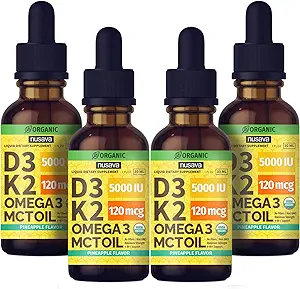 (4 Pack) Vitamina Orgánica D3 K2 gotas con MCT Oil Omega 3, Maximum Strength Vitamin D Liquid 5000 UI, No Fillers, Líquido no GMO D3 para la absorción más rápida y soporte inmunológico (Pineapple, 4 Fl Oz)