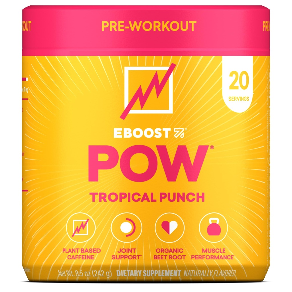 EBOOST POW Natural Pre Workout Powder – 20 Servings - Tropical Punch - A Pre Workout Supplement for Performance, Joint Mobility Support, Energy, Focus - Men &amp; Women - Non-GMO, Gluten-Free, No Creatine