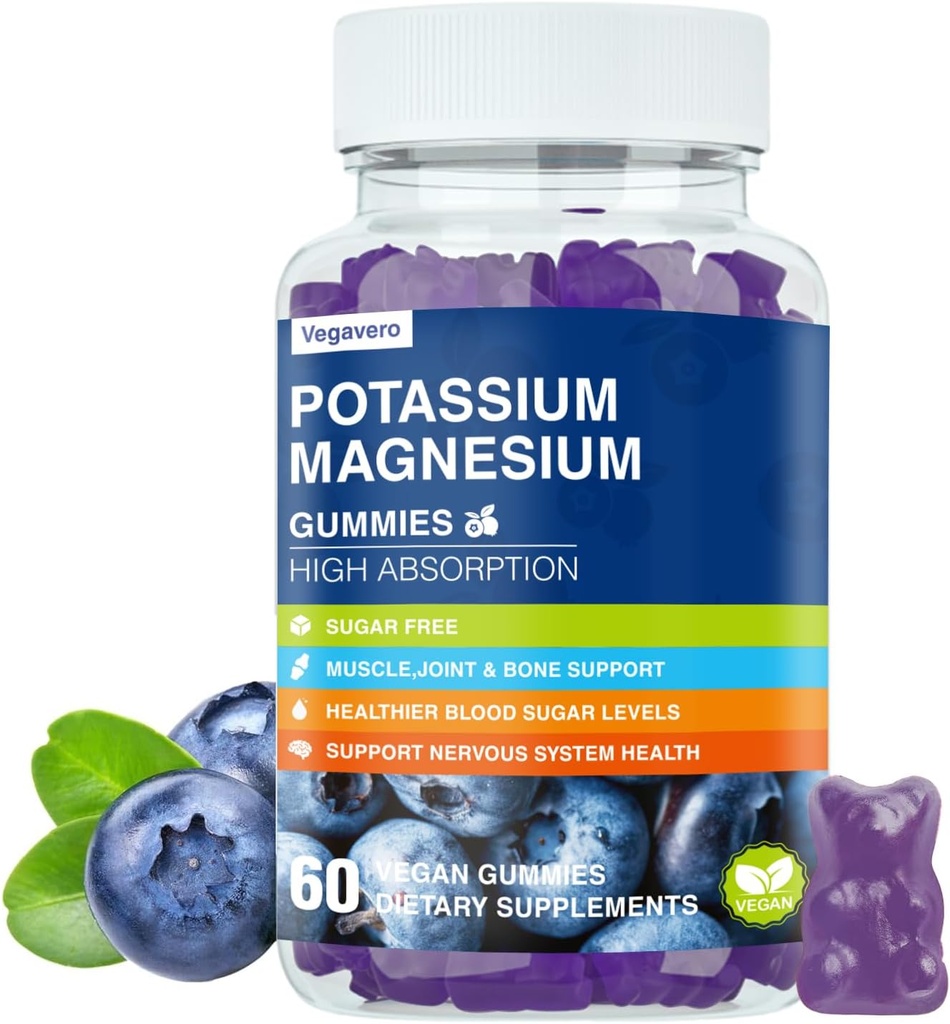 Magnesium Potassium Supplement Gummies - High Absorption Calm Magnesium Glycinate & Potassium Citrate Plus Coenzyme Q10, DHA, D3, Mineral & Calcium for Zzz, Leg Cramps & Muscle - 60 Blueberry Gummies
