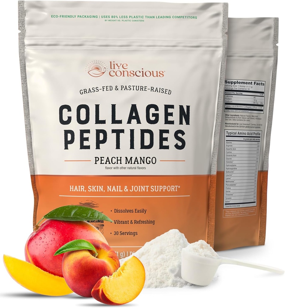 Peptides de colágeno en vivo pólvora - Peach Mango Flavored Collagen Powder - Pelo, piel, uñas, " Soporte conjunto - Tipo I " III Suplementos de colágeno para mujeres y hombres - 30 Serviciones - 13oz