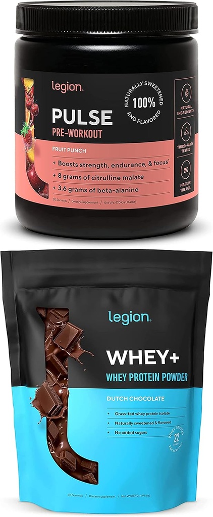 LEGION Pulse Pre Workout Supplement (Fruit Punch) Whey Protein Powder Chocolate - Whey+ Isolate Protein Powder