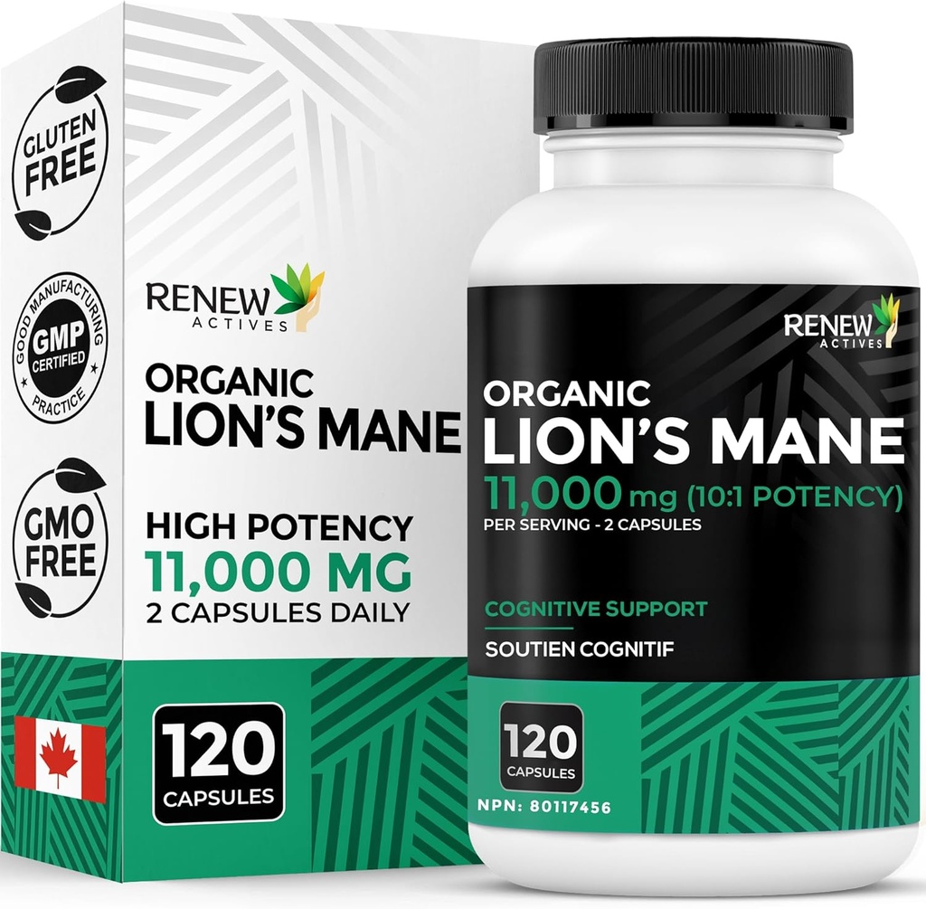 Renew Actives Premium Organic Lion's Mane Mushroom 1100MG per 2 Capsules - Supports Brain Function, Memory, Focus, Stress Relief & Immune Health, Non-GMO, Vegan - Made in Canada - 120 cápsulas