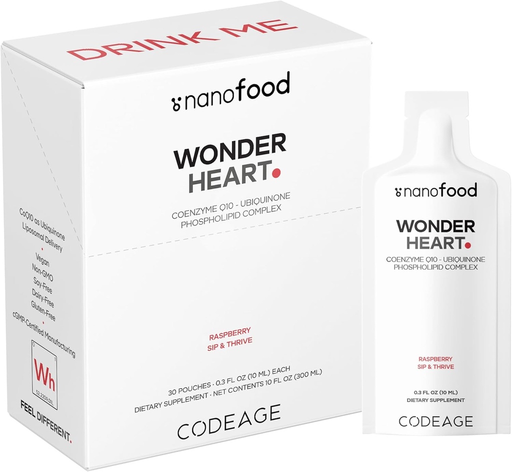 Codeage Wonder Heart Liquid CoQ10 Liposomal Ubiquinone Suplemento, Coenzyme Q10 Heart Vitamins, Non-GMO Sunflower Phosphatidylcholine Vegan Blend, Raspberry Flavored Softgel, Pack de 30 Pouches