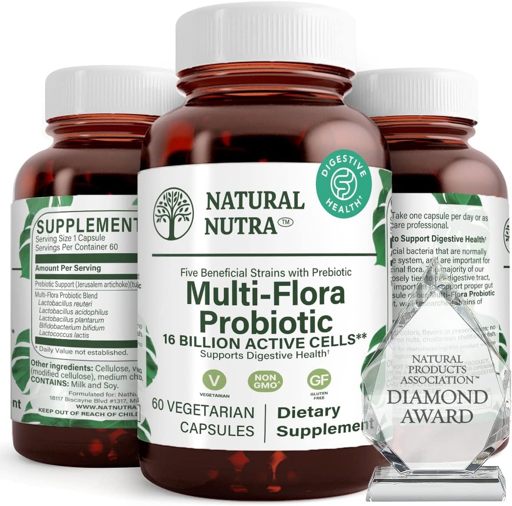 Natural Nutra Ultimate Flora Probiótico para Mujeres y Hombres, ayuda a mejorar la digestión, contribuye a la salud general, promueve el sistema inmunológico, multi-entrenamiento con Lactobacillus, Acidophilus, 60 cápsulas