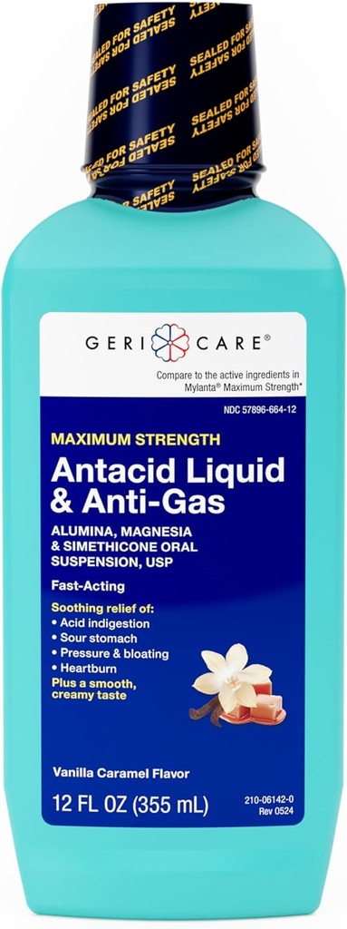 GeriCare Antacid Liquid " Anti-Gas Relief, Maximum Strength for Heartburn, Acid Reflux, Sour Stomach, Pressure " Bloating, Acid Indigestion, " Gas, Vanilla Caramel Flavor, 12 fl oz.