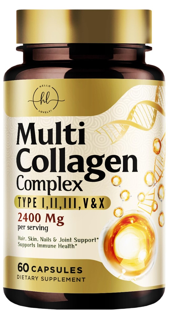 Multi Collagen Peptides 2400mg para Mujeres – Mejor Complejo de Collagen Hidrolyzed con 5 Tipos (I, II, III, V, X) - Grass Fed - Pelo, Piel, Nail, Hueso &amp; Soporte Conjunto para Belleza y Bienestar – 60 cápsulas