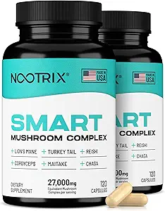 Nootrix Smart Mushrooms Complejo Suplemento ← Soporta Memoria, Enfoque Mental, Salud Cognitiva & Energía TENIDO 27.000mg Mushrooms orgánicos ANTE Lions Mane, Reishi, Cordyceps, Chaga & Turquía Tail TEN 240 Capsules