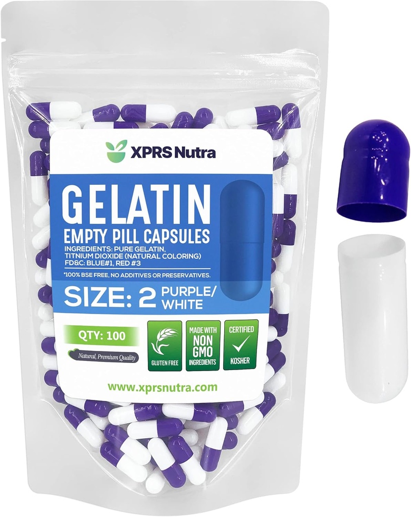 XPRS Nutra Size 2 Empty Capsules - 100 Conde Empty Gelatin Capsules - Pills DIY Capsule Filling - Pure Bovine Pill Gel Caps for Do-It-youself Supplements (Purple/White)