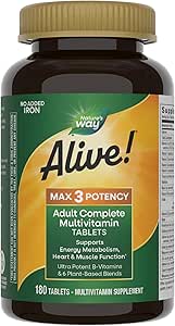 ¡La naturaleza está viva! Max3 Potency Adult Complete Multivitamin, High Potency B-Vitamins to Support Energy Metabolism*, with Methylated B12 and Folate, No Añadido Iron, 180 Tablets