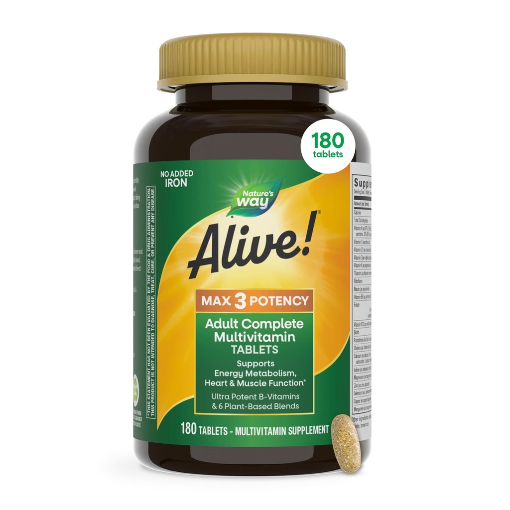 Nature's Way Alive! Max3 Potency Daily Multivitamin, High Potency Adult Multivitamins to Support Cellular Energy Metabolism, Heart, and Muscle Function for Women & Men*, No Iron Added, 180 Tablets