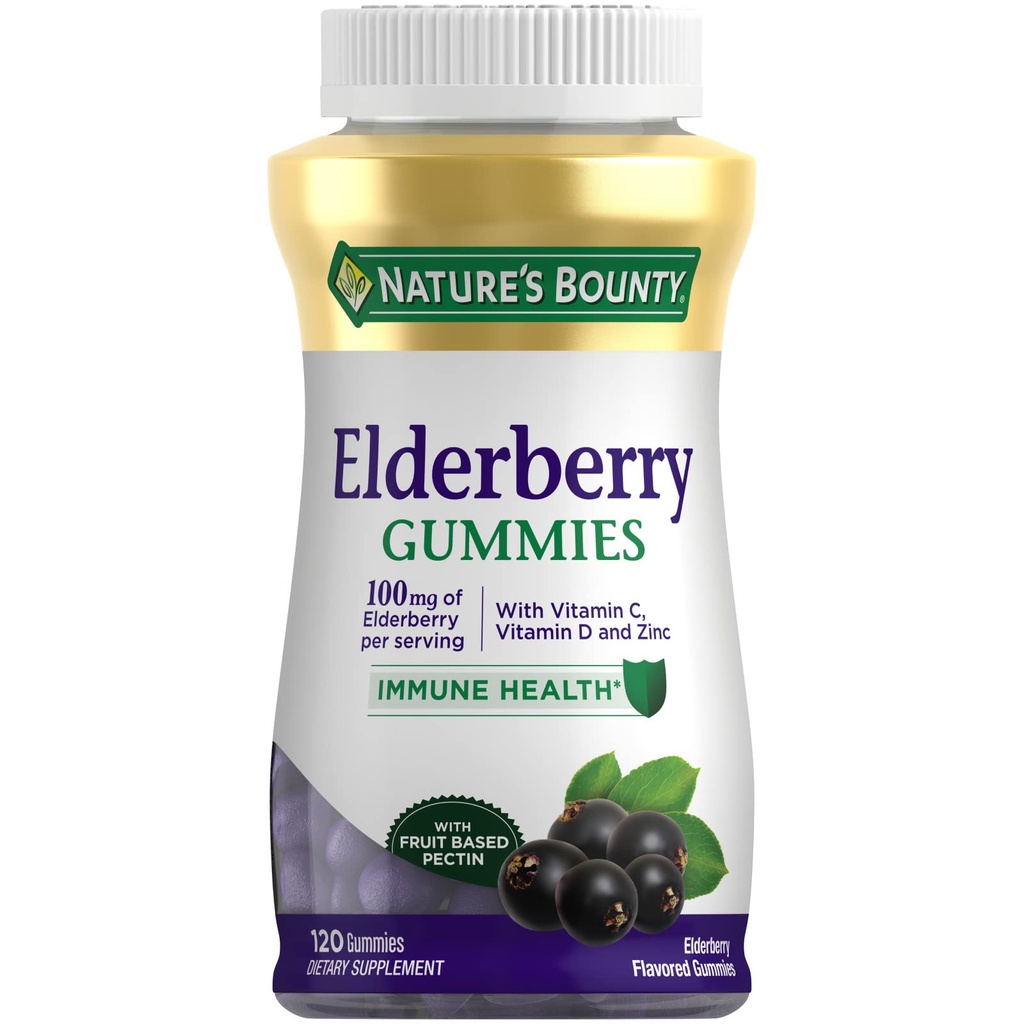 Nature's Bounty Elderberry Gummies, Dietary Supplement, Supports Immune Health, Contains Vitamin A, C, D, E and Zinc, 100 mg, 120 Gummies