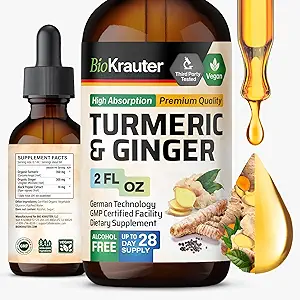 BIO KRAUTER Turmeric y Ginger Suplemento Tintura - Turmeric Curcumin Immune Support Drops - Extracto de jengibre con Black Pepper - Vegan Formula - 2 Fl.Oz.