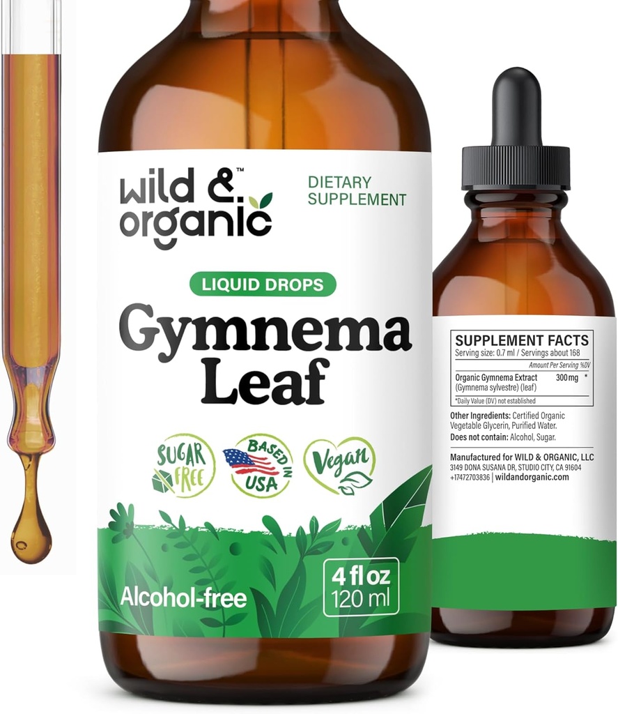 Wild &amp; Organic Gymnema Sylvestre Extract Drops - Suplementos sin azúcar de Gymnema Sylvestre - Tintura basada en Gurmar Powder - gotas líquidas Vegan, sin alcohol - 4 fl oz