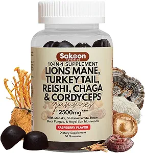 Nutrición Sakoon Lions Mane Mushroom Gummies with Turkey Tail, Reishi &amp; More, 2500mg, 60 Conde, Raspberry Flavored