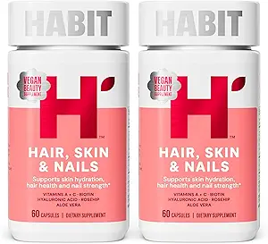 Habit Hair, Skin & Nails Supplement 2 Pack (120 Capsules) - New Look, Supports Skin Hydration, Hair & Nail Strength, Biotin 2000mcg, Vitamina A &amp; C, Hyaluronic Acid, Rosehip, Vegan, Non-GMO