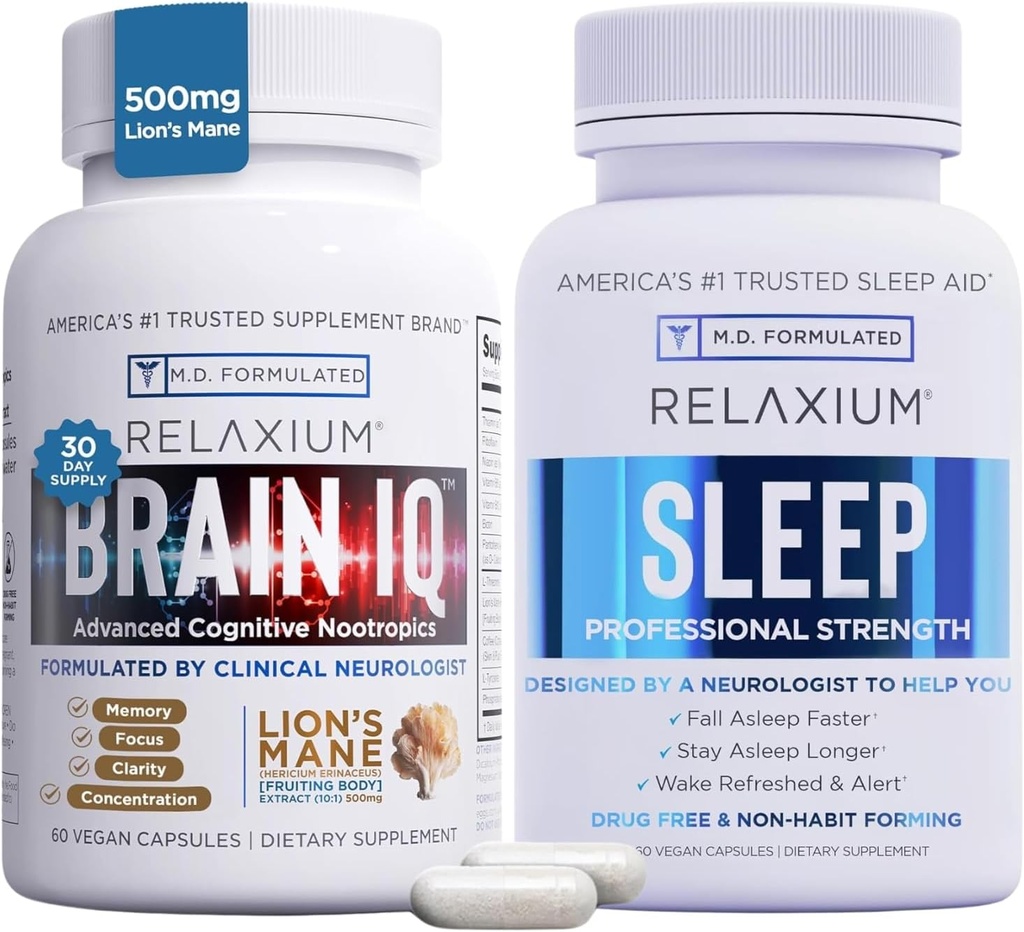 Relaxium Sleep Aid 60 Cápsula + BrainIQ Suplementos cerebrales nootrópicos 60 Cápsula (Familia Pack Sleep &amp; Brain Bundle)