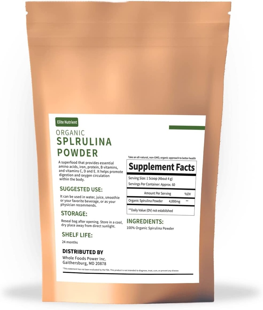 Polvo Espirulina Orgánica, No GMO, USDA Certified, Un Superalimento con Alta Proteína, Energía Boost, Inmunidad Mejora, Paquete Individual