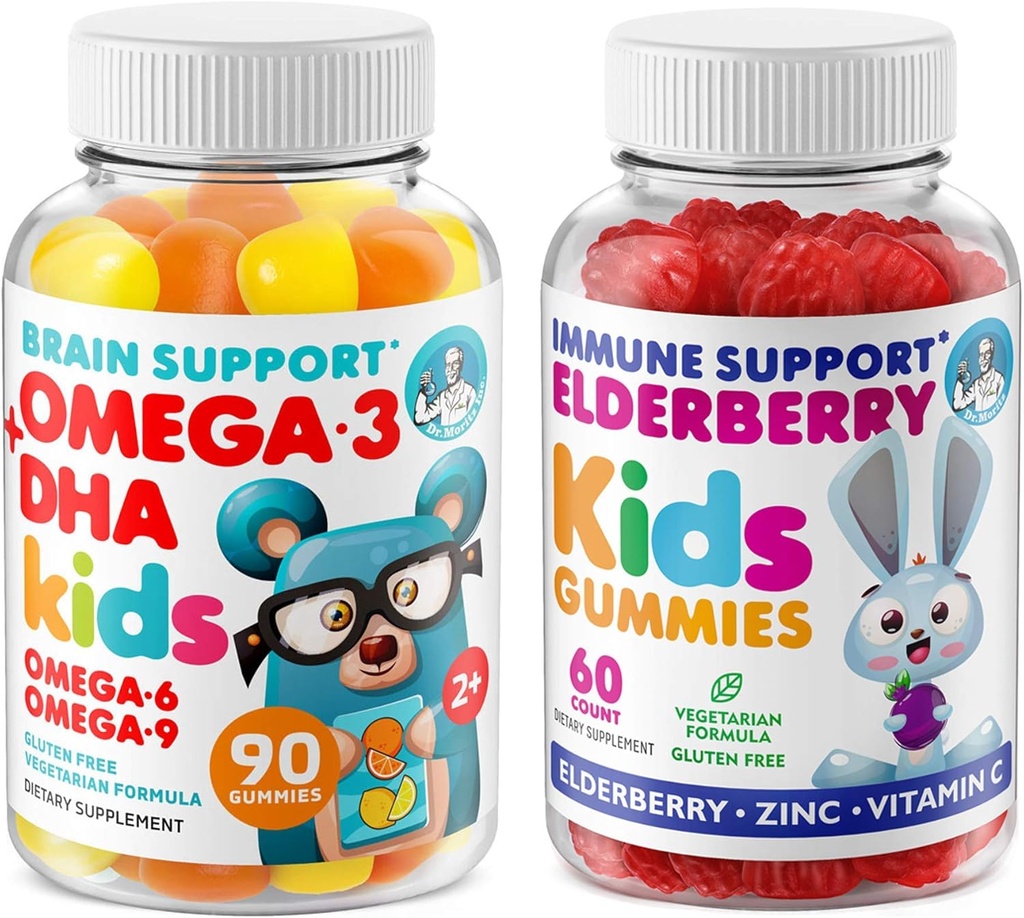 DR. MORITZ Cardio &amp; Immune Boost Duo - Niños Omega 3 Gummies (90 Cuenta) con gomas de arandela para niños (60 Cuenta)