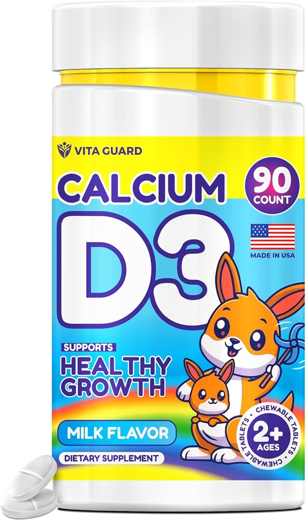 Calcio D3 Tablas Chewable para Niños – 640 mg Calcio &amp; 320 UI Vitamina D3 – No GMO, Sabor de leche – Suplemento de Apoyo a los Huesos – 90 Tablas para Edades 2+