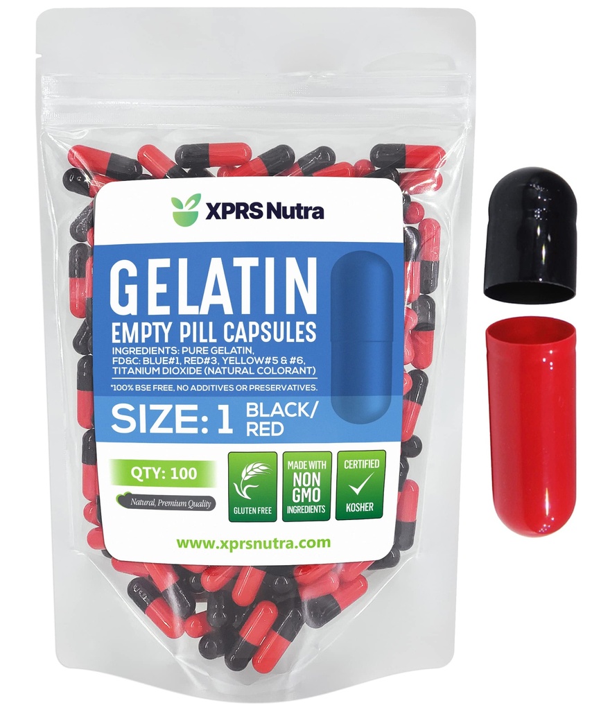 XPRS Nutra Size 1 Empty Capsules - 100 Conde Coloreado Empty Gelatin Capsules - Pill DIY suplemento cápsula llenado - Pinzas de gel de color ajustable para hacerlo usted mismo suplementos (Black/Red)