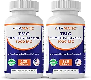 Suplementos Vitamatic TMG 1000mg - Trimetilglycine - Betaine Anhydrous - 120 Tablets - 120 Serviciones - No GMO &amp; Gluten Gratis (2 Botellas)