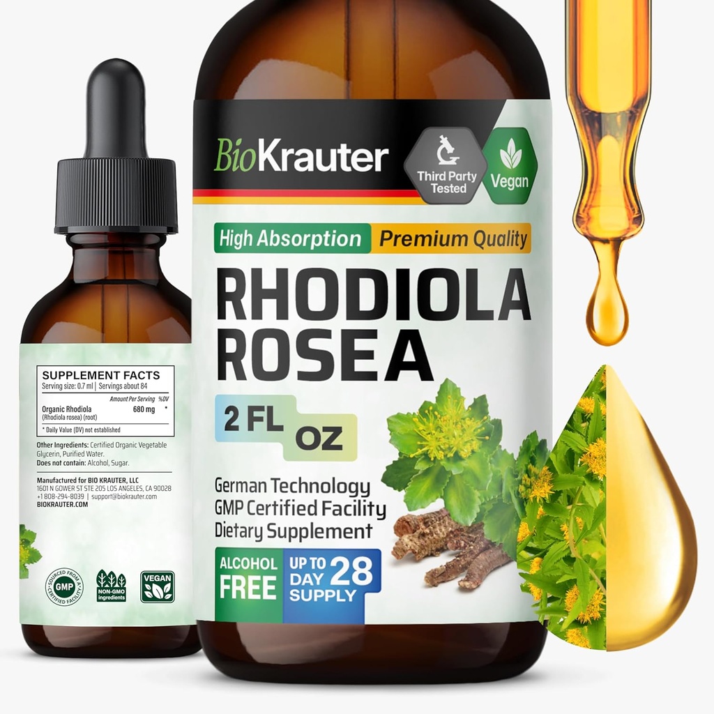 BIO KRAUTER Rhodiola Rosea Suplemento Liquid - Pure Rhodiola Rosea Tincture - Vegan Calmness Support - Alcohol &amp; Sugar Free Extract 2 Fl.Oz.