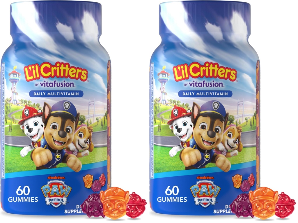 L’il Critters Paw Patrol Gummy Vites Daily Gummy Multivitamin for Kids, Vitamina C, D3 for Immune Support Cherry, Orange y Blueberry Flavors, 60 Gummies (Pack of 2)