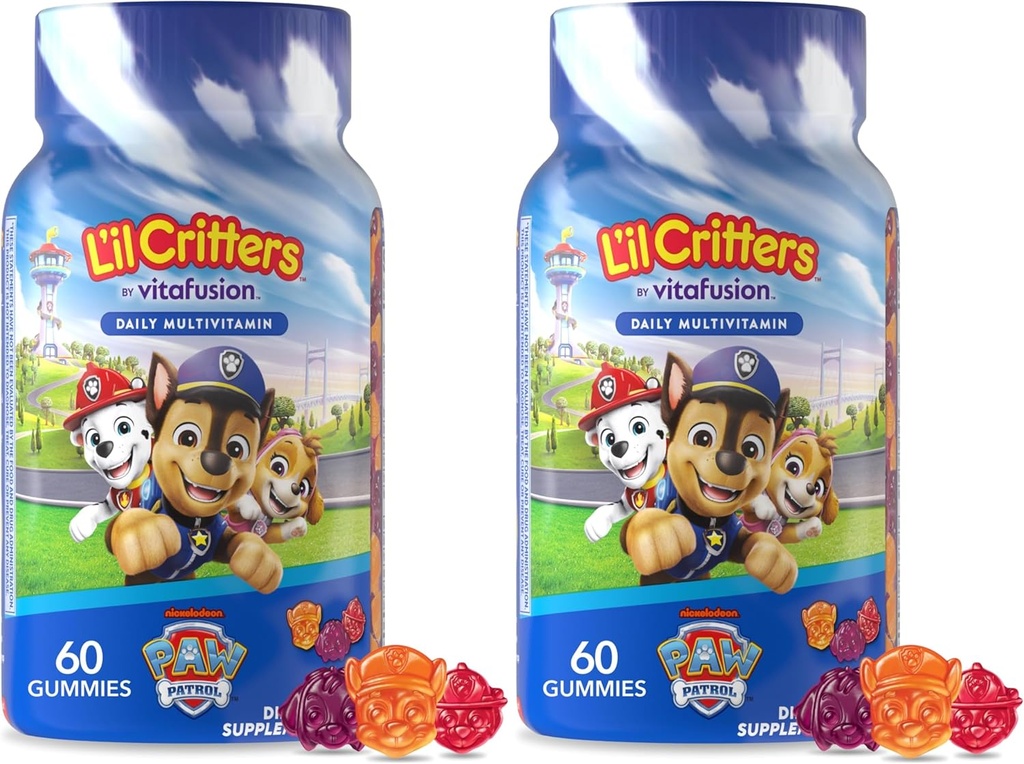 L’il Critters Paw Patrol Gummy Vites Daily Gummy Multivitamin for Kids, Vitamina C, D3 for Immune Support Cherry, Orange y Blueberry Flavors, 60 Gummies (Pack of 2)