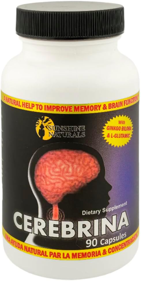 Sunshine Naturals Cerebrina con Ginkgo Biloba & L-Glutamic Memory & Focus Support Suplemento – 90 cápsulas – Brain Health Formula for Adults