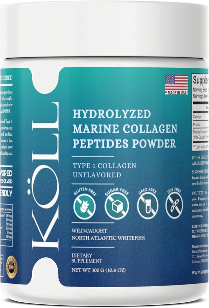 KÖLL Marine Collagen Peptides Powder (300g) Unflavored Sugar-Free Collagen for Women &amp; Men, 10,000mg Hydrolyzed Supplement, Wild-Caught Sourced, Non-GMO, 0% Preservatives Type 1 for Bone & Skin Health