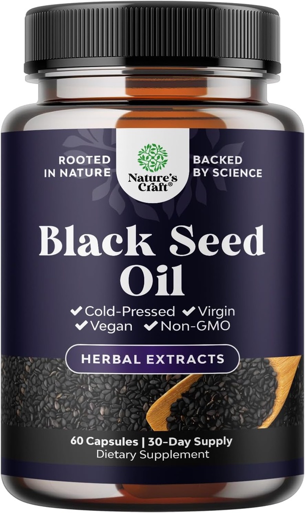 Cápsulas de aceite de semilla negra vegano - Cold Presionado Nigella Sativa Negro Cumin Cápsulas de aceite de semilla con Omega 3 6 9 Antioxidantes y Thymoquinone para el crecimiento del cabello Apoyo conjunto salud y digestión