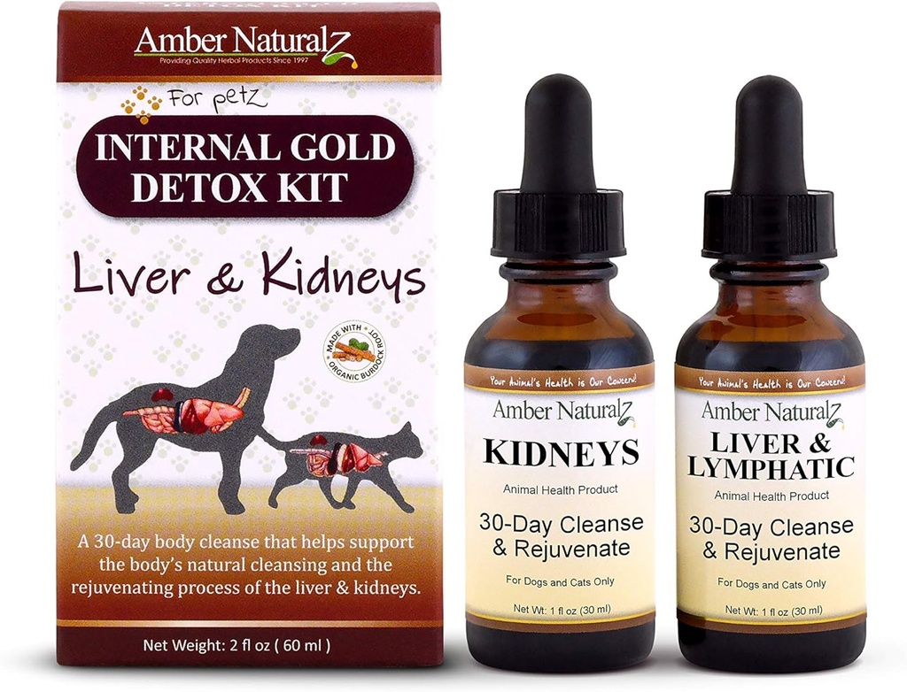 AMBER NATURALZ Kit interno de desintoxicación de oro para perros, gatos, aves, conejos y pelucas ← Apoyo herbal para la salud del hígado y el riñón ← Ayuda natural para las funciones del hígado y el niño