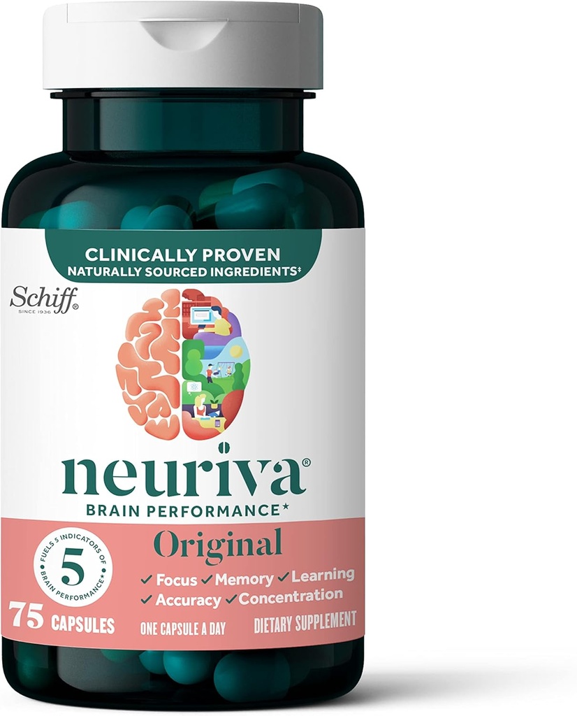 NEURIVA Original Brain Supplement for Memory, Focus & Concentration + Learning &curacy with Clinically Tested Nootropics Phosphatidylserine and Neurofactor, Caffeine Free, 75ct Capsules