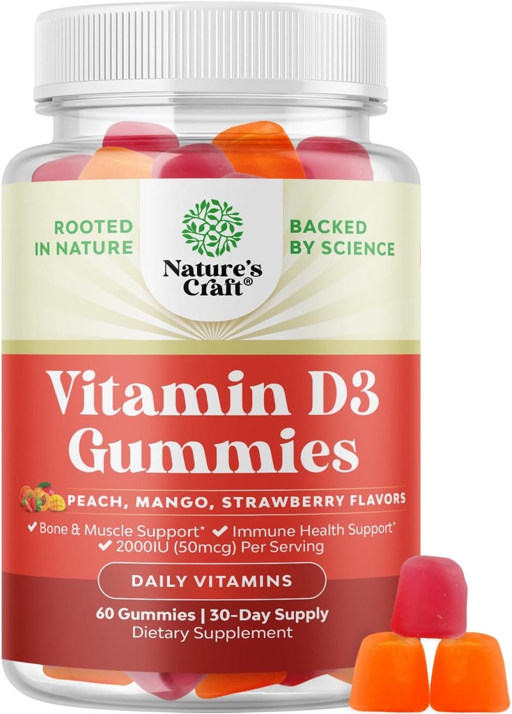 Natures Craft Vitamin D3 Gummies for Daily Wellness - Delicious D Adults with 2000IU per Serving Bone Muscle &amp; Immune Support Non-GMO Gelatin Gluten Free (30 Day Supply)