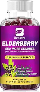 Elderberry Gummies & Irish Sea Moss, Organic Sambucus Elderberry Gummy con Seamoss, Zinc, Vitamina C, D3, Multivitamin Elderberry Vitamina &amp; Energy Support Supplements - Sugar-Free