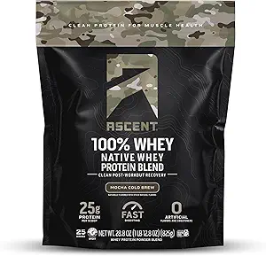 Ascent 100% Whey Protein Powder - Post Workout Whey Protein Isolate, Zero Artificial Flavors &amp; Sweeteners, Gluten Free, 5.5g BCAA, 2.6g Leucine, Military Exclusive, Mocha Cold Brew 1.7 lb
