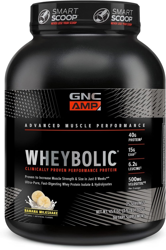 GNC AMP Wheybolic Clinically Protein Powder, 40g Whey Protein, BCAA, Leucine, Aumenta la fuerza muscular, el edificio del músculo, 3er partido testado, Gluten Free, Banana Milkshake, 25 servicios