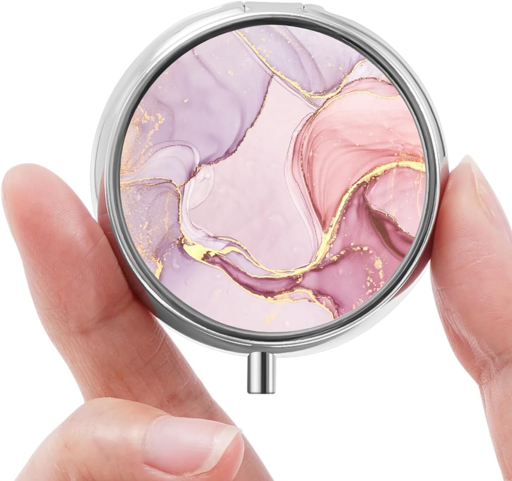 Mini Pill Box, Small Pill Box, Portable Pill Box, Cute Pill Organizer for Vitamins, Medications, Fish Oil and Supplements (Pink Marble)